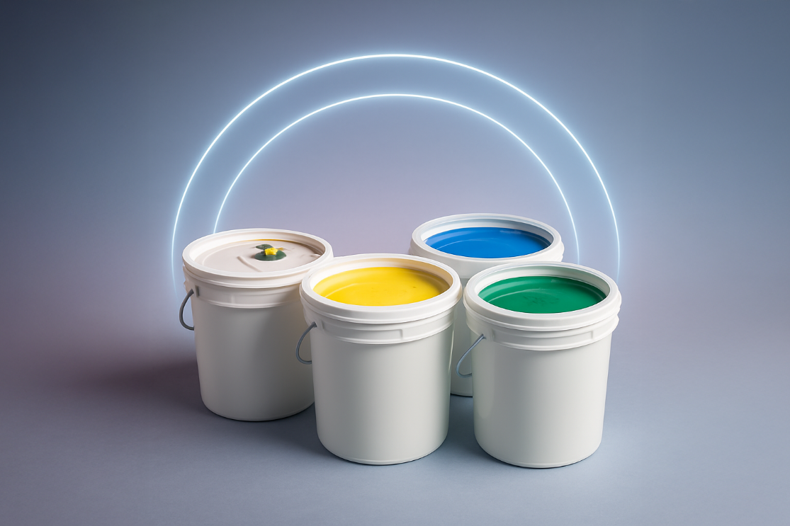Sealed white pails of liquid color in assorted colors