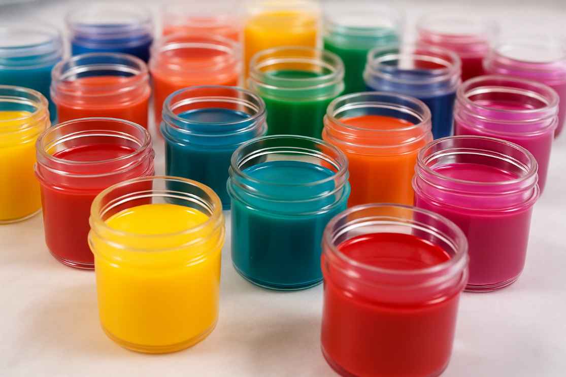 Assorted jars of liquid color for plastics processing