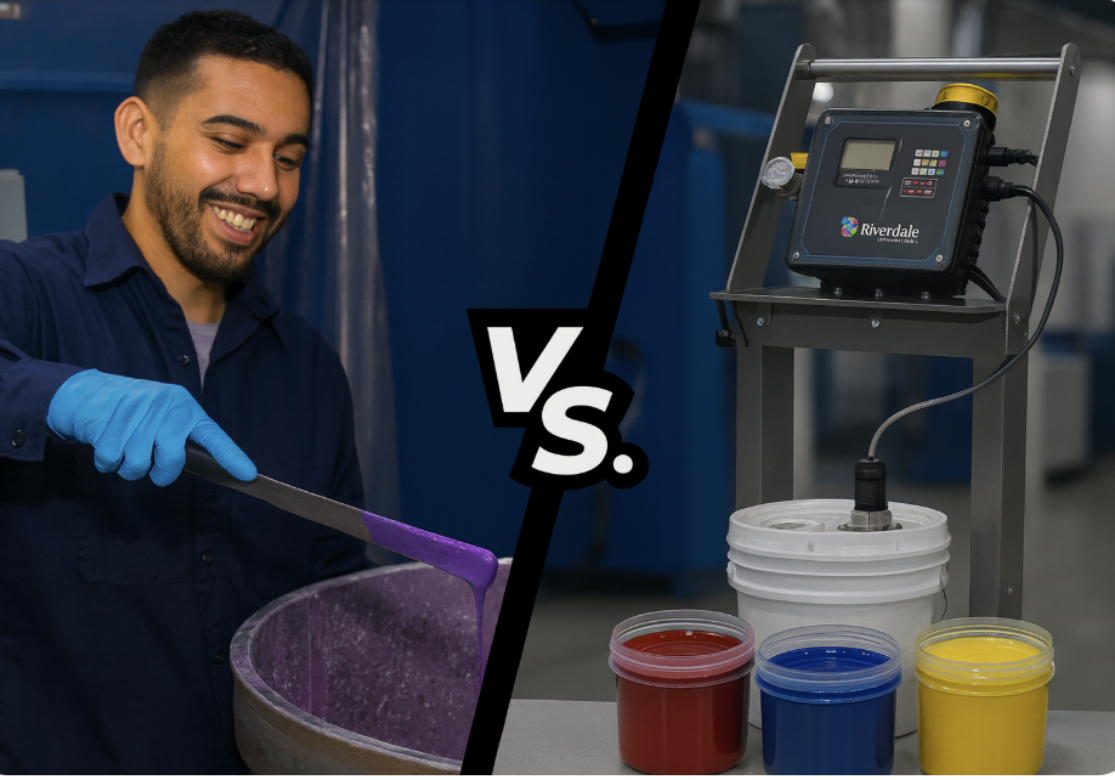 Legacy manual pigment handling compared with a modern sealed liquid color system